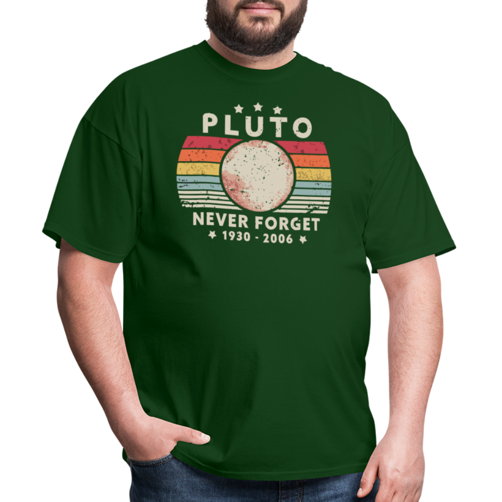 Never Forget Pluto Graphic Tee. Retro Style Funny Space Science Unisex T-Shirt - forest green