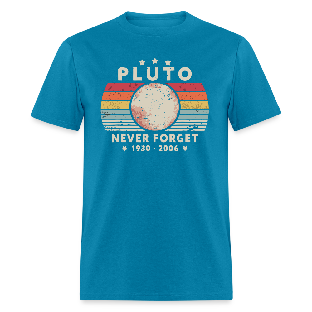 Never Forget Pluto Graphic Tee. Retro Style Funny Space Science Unisex T-Shirt - turquoise