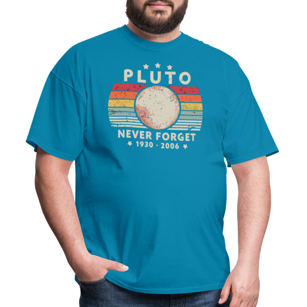 Never Forget Pluto Graphic Tee. Retro Style Funny Space Science Unisex T-Shirt - turquoise