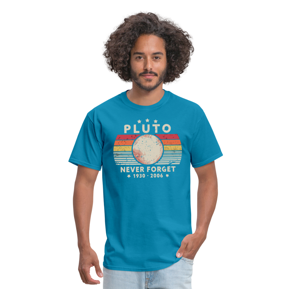 Never Forget Pluto Graphic Tee. Retro Style Funny Space Science Unisex T-Shirt - turquoise