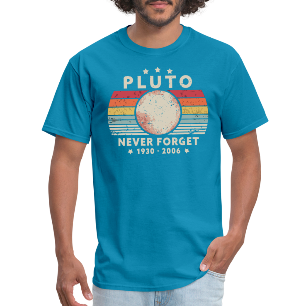 Never Forget Pluto Graphic Tee. Retro Style Funny Space Science Unisex T-Shirt - turquoise