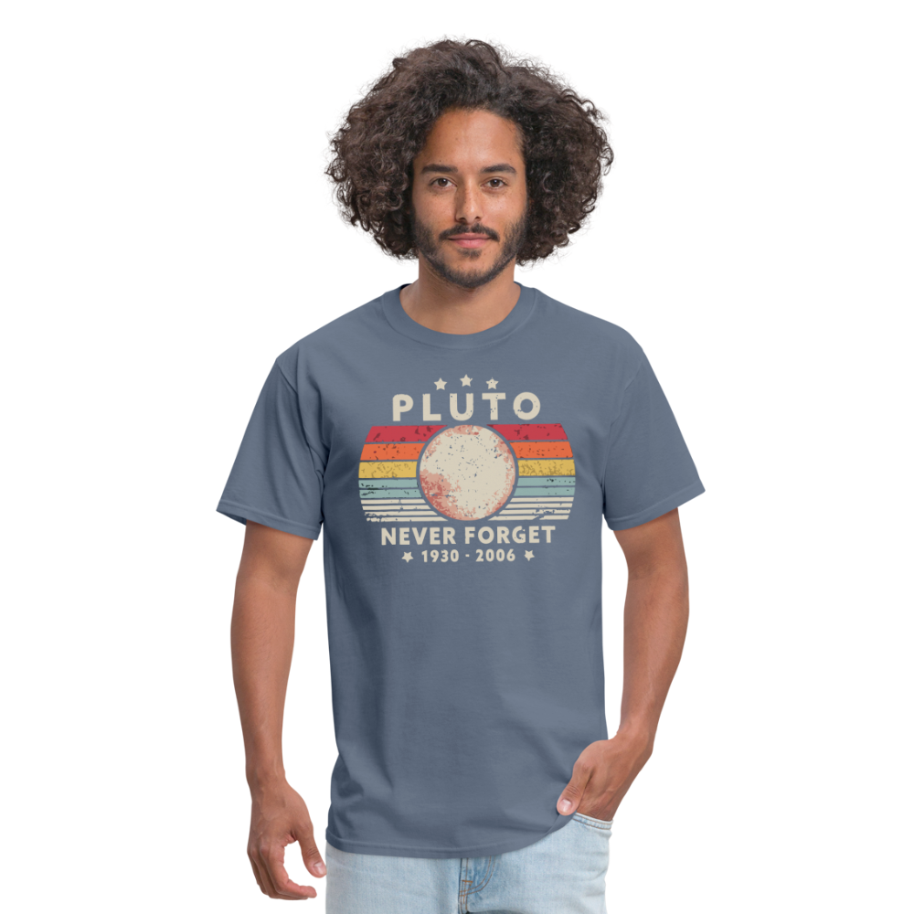 Never Forget Pluto Graphic Tee. Retro Style Funny Space Science Unisex T-Shirt - denim