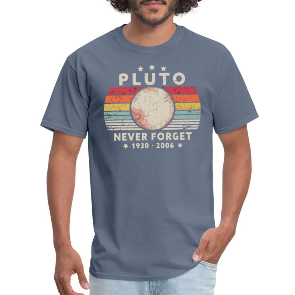 Never Forget Pluto Graphic Tee. Retro Style Funny Space Science Unisex T-Shirt - denim