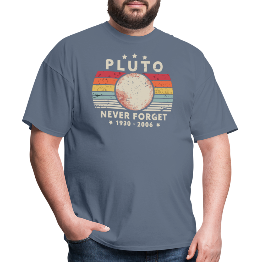 Never Forget Pluto Graphic Tee. Retro Style Funny Space Science Unisex T-Shirt - denim