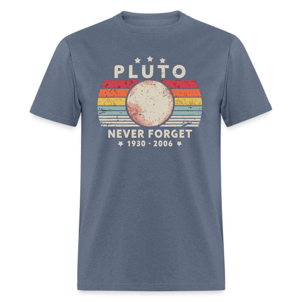 Never Forget Pluto Graphic Tee. Retro Style Funny Space Science Unisex T-Shirt - denim