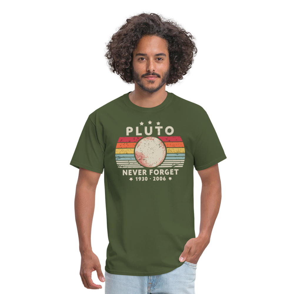 Never Forget Pluto Graphic Tee. Retro Style Funny Space Science Unisex T-Shirt - military green