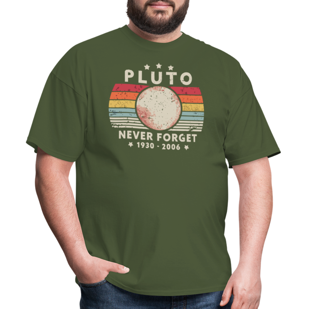 Never Forget Pluto Graphic Tee. Retro Style Funny Space Science Unisex T-Shirt - military green