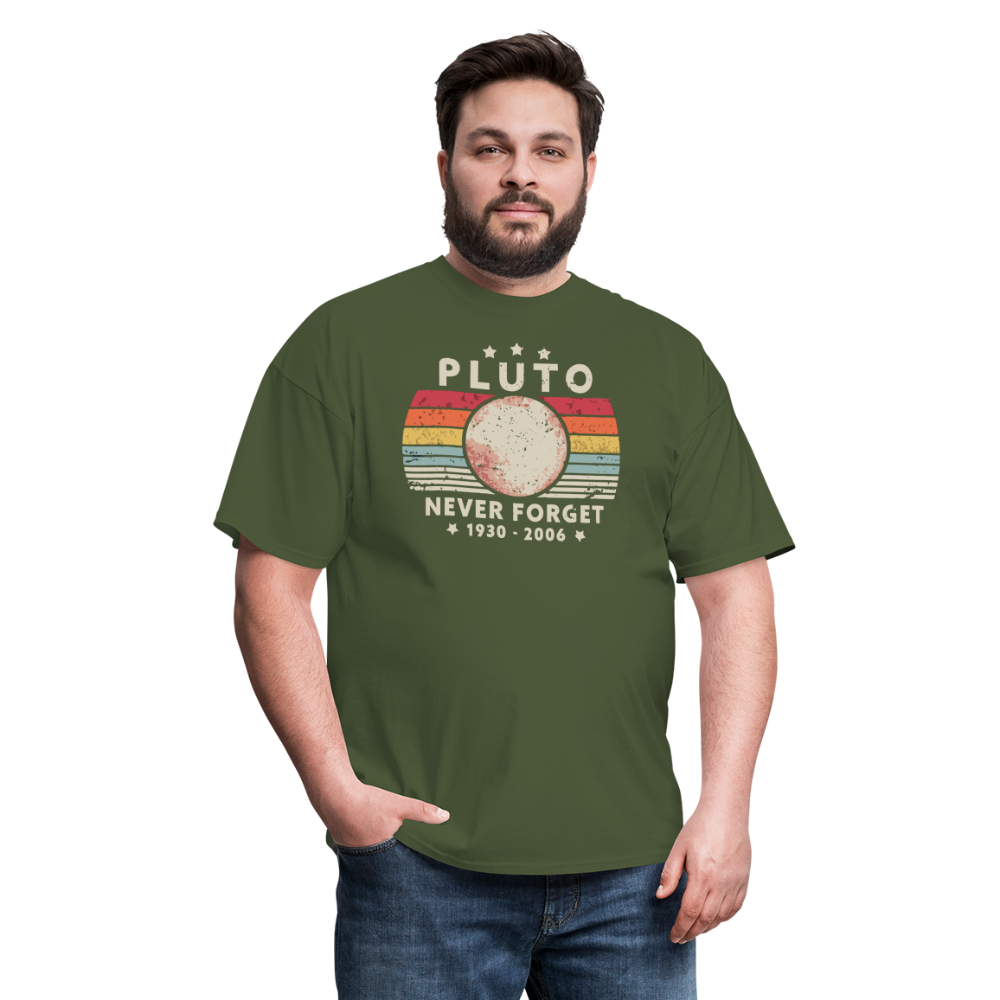 Never Forget Pluto Graphic Tee. Retro Style Funny Space Science Unisex T-Shirt - military green