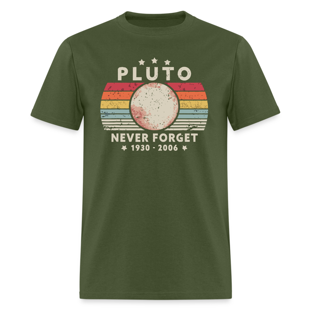 Never Forget Pluto Graphic Tee. Retro Style Funny Space Science Unisex T-Shirt - military green