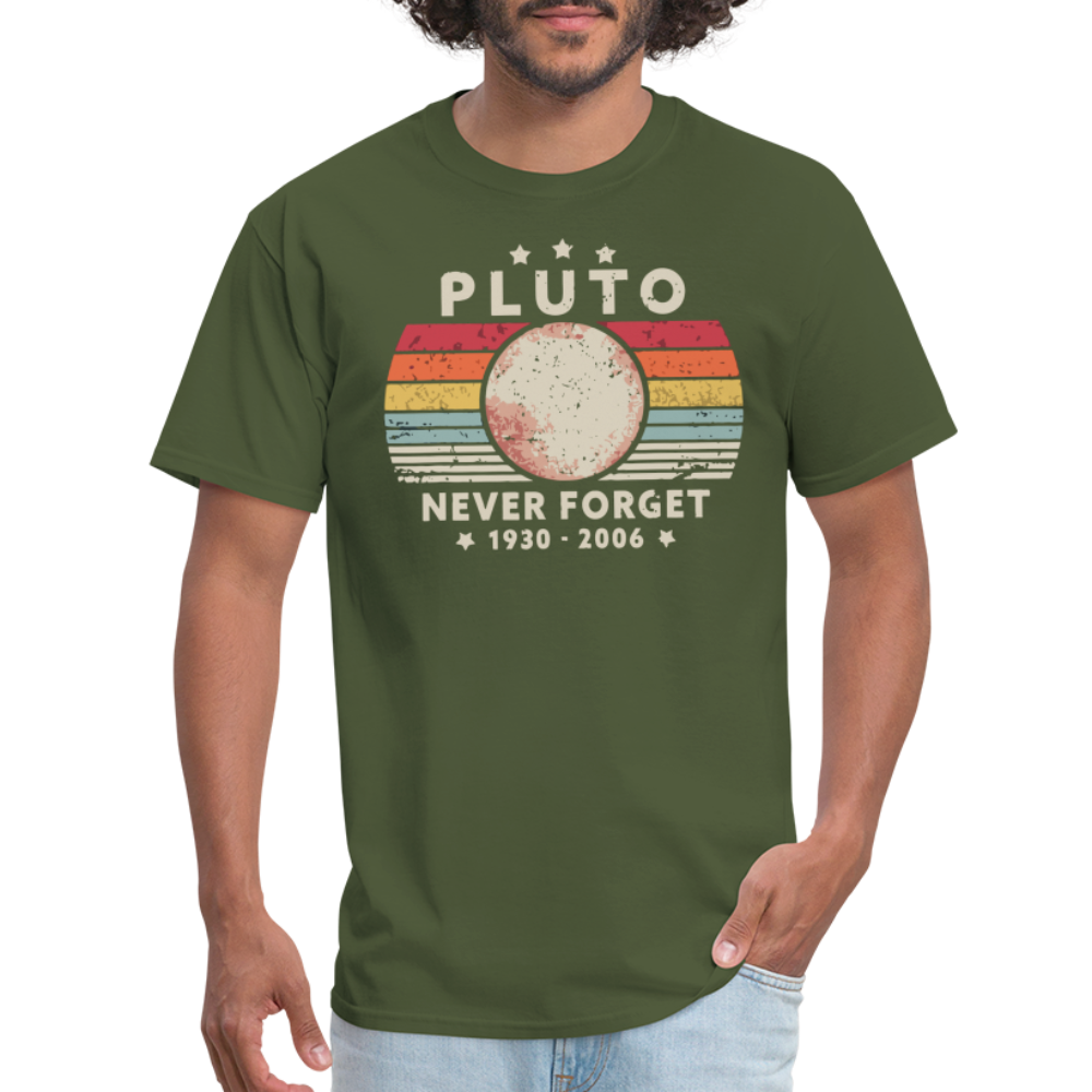 Never Forget Pluto Graphic Tee. Retro Style Funny Space Science Unisex T-Shirt - military green