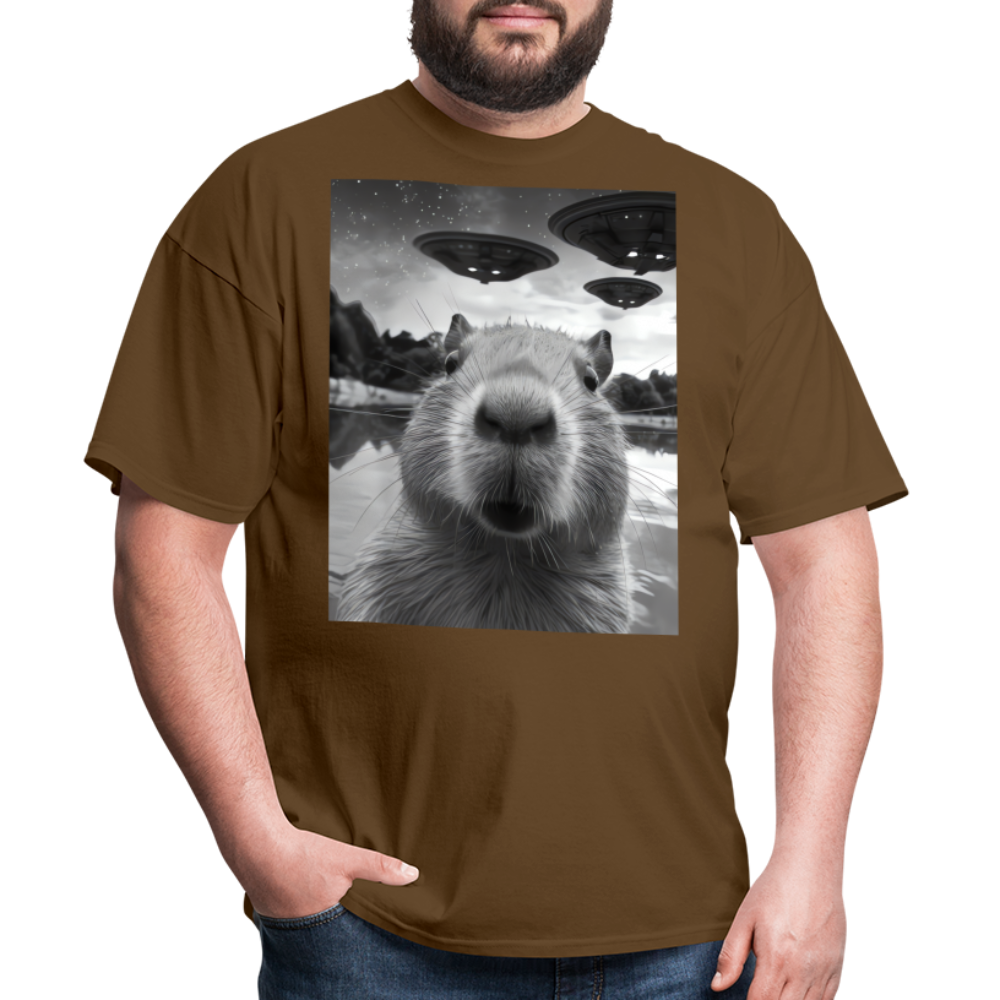 Capybara Selfie with UFOs Funny Graphic Tee Weird Unisex Classic T-Shirt - brown