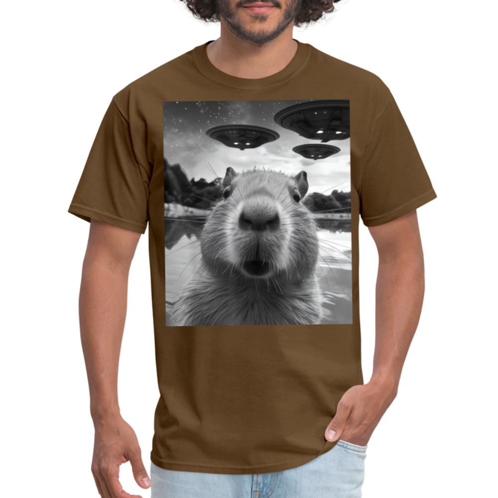 Capybara Selfie with UFOs Funny Graphic Tee Weird Unisex Classic T-Shirt - brown