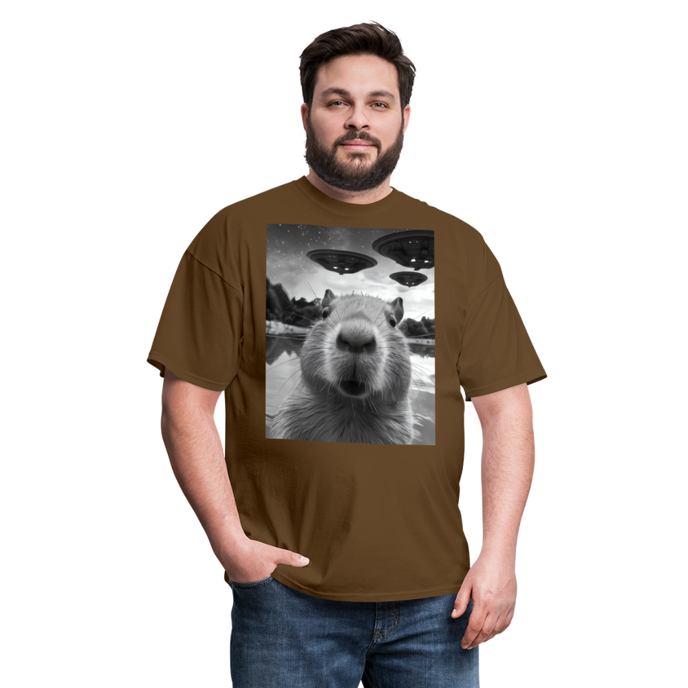 Capybara Selfie with UFOs Funny Graphic Tee Weird Unisex Classic T-Shirt - brown