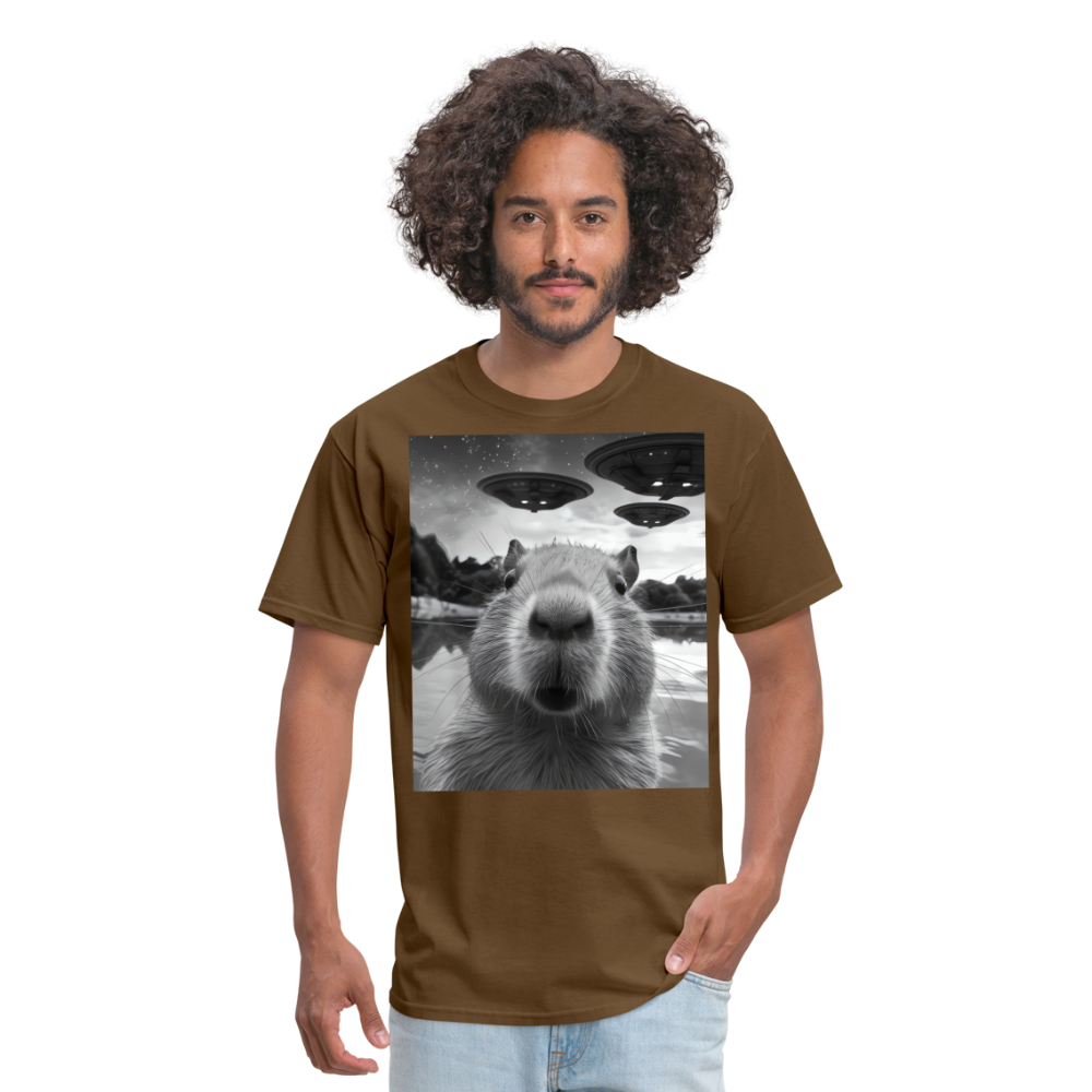 Capybara Selfie with UFOs Funny Graphic Tee Weird Unisex Classic T-Shirt - brown