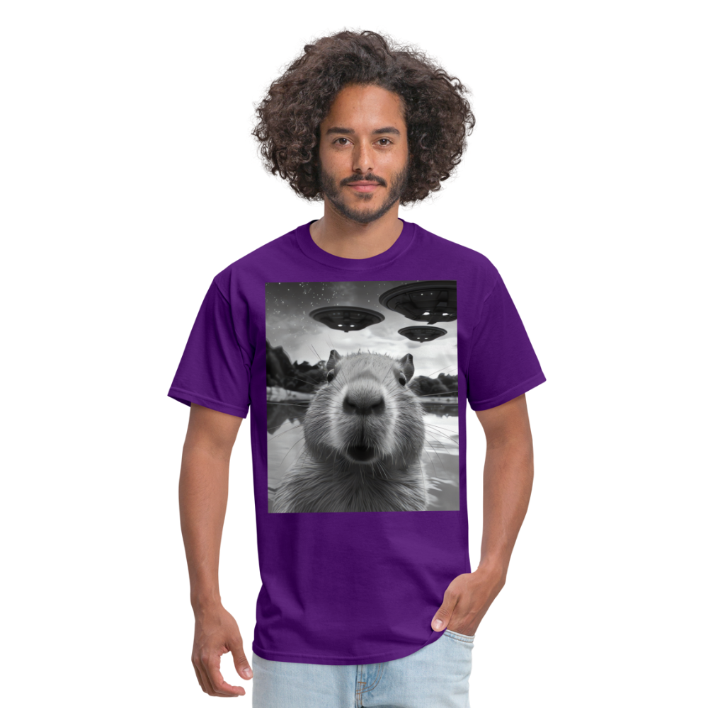 Capybara Selfie with UFOs Funny Graphic Tee Weird Unisex Classic T-Shirt - purple
