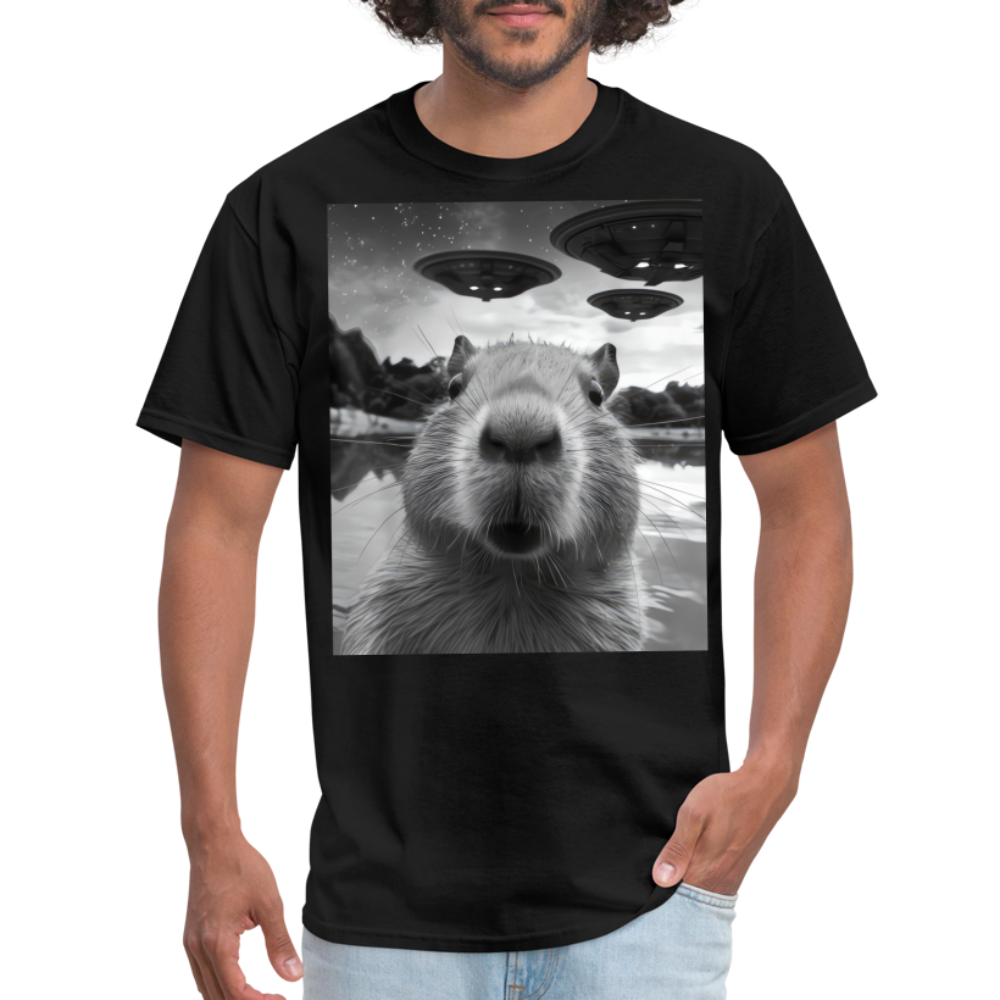 Capybara Selfie with UFOs Funny Graphic Tee Weird Unisex Classic T-Shirt - black
