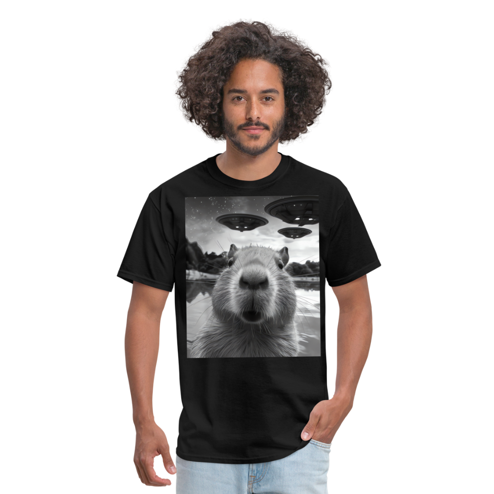 Capybara Selfie with UFOs Funny Graphic Tee Weird Unisex Classic T-Shirt - black