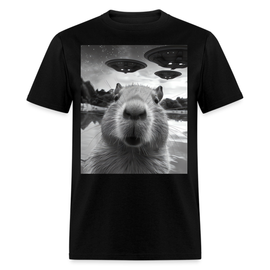 Capybara Selfie with UFOs Funny Graphic Tee Weird Unisex Classic T-Shirt - black
