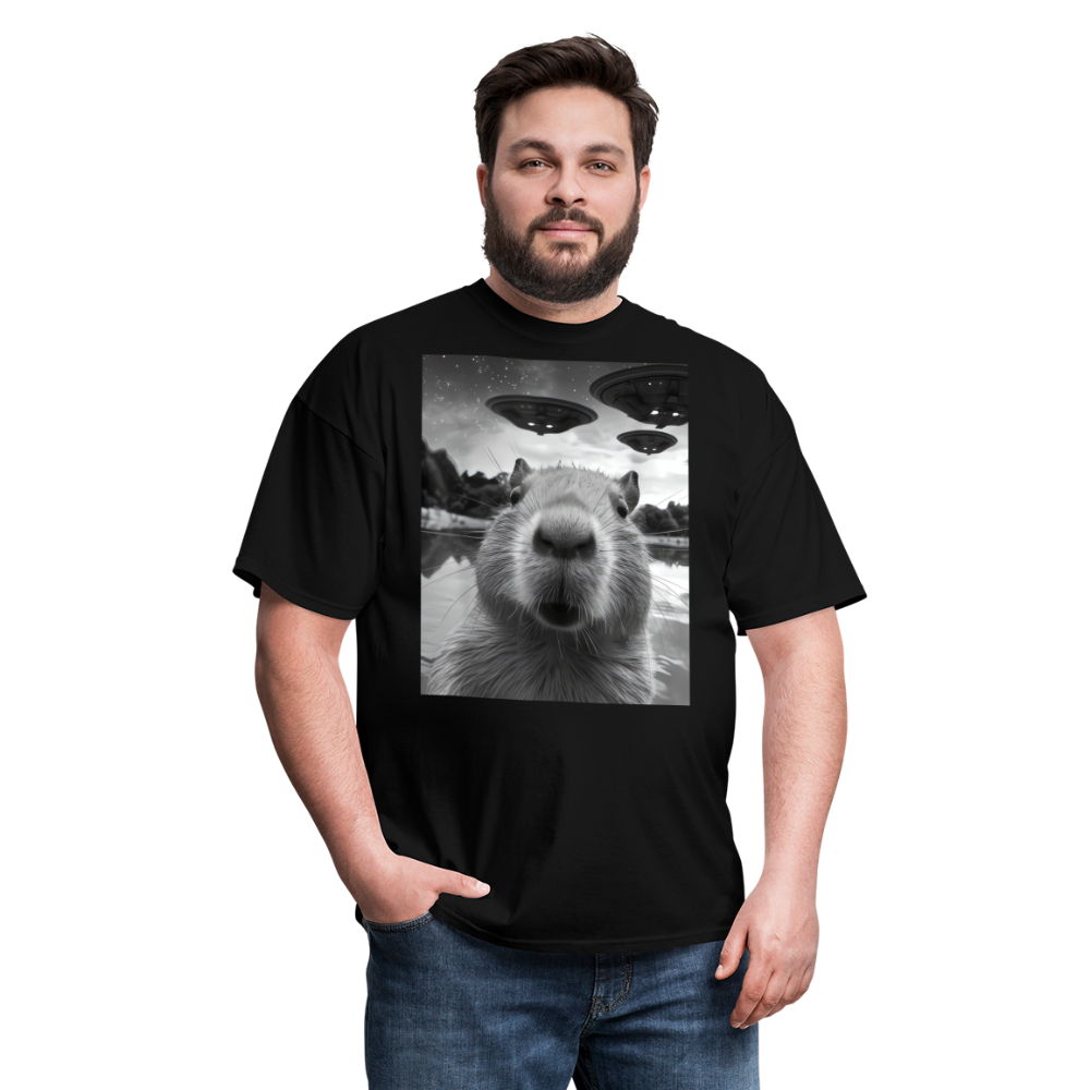 Capybara Selfie with UFOs Funny Graphic Tee Weird Unisex Classic T-Shirt - black