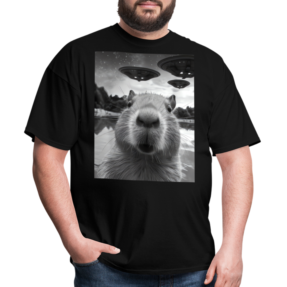 Capybara Selfie with UFOs Funny Graphic Tee Weird Unisex Classic T-Shirt - black