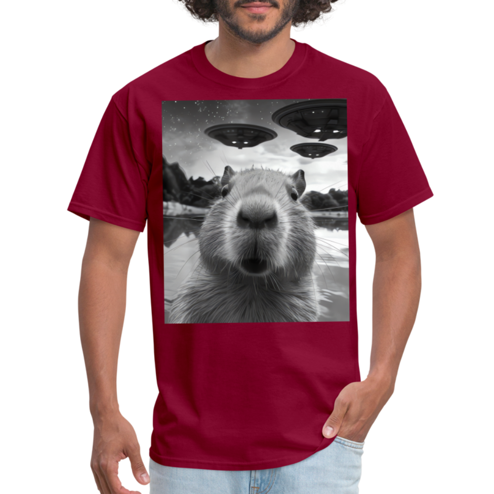 Capybara Selfie with UFOs Funny Graphic Tee Weird Unisex Classic T-Shirt - burgundy