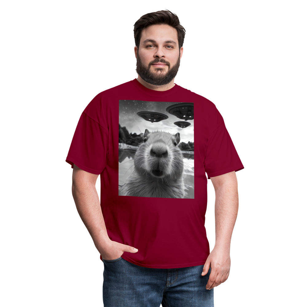 Capybara Selfie with UFOs Funny Graphic Tee Weird Unisex Classic T-Shirt - burgundy
