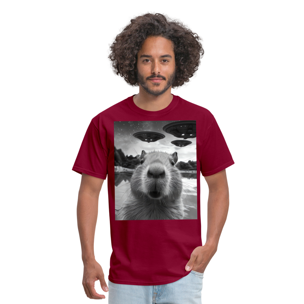 Capybara Selfie with UFOs Funny Graphic Tee Weird Unisex Classic T-Shirt - burgundy