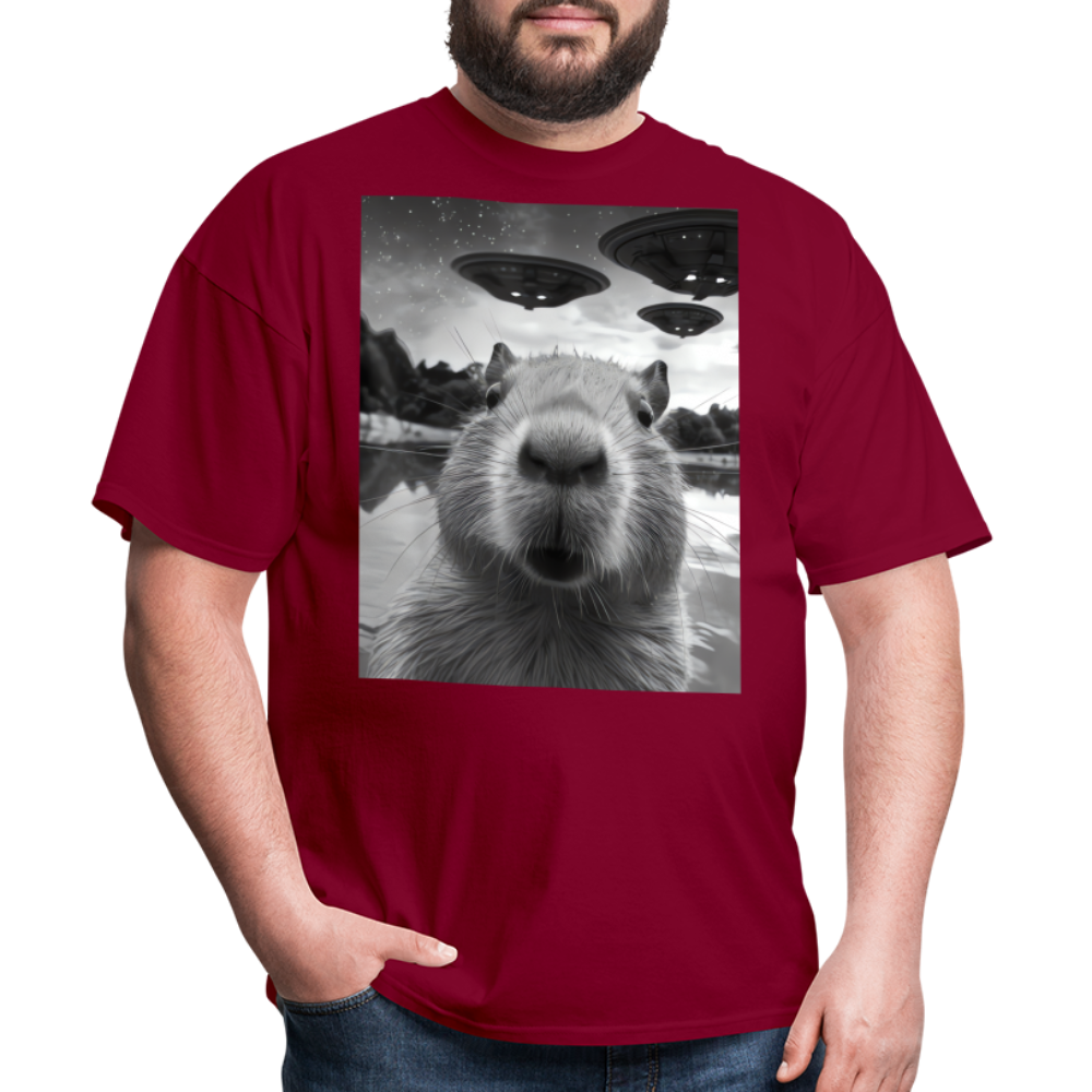Capybara Selfie with UFOs Funny Graphic Tee Weird Unisex Classic T-Shirt - burgundy
