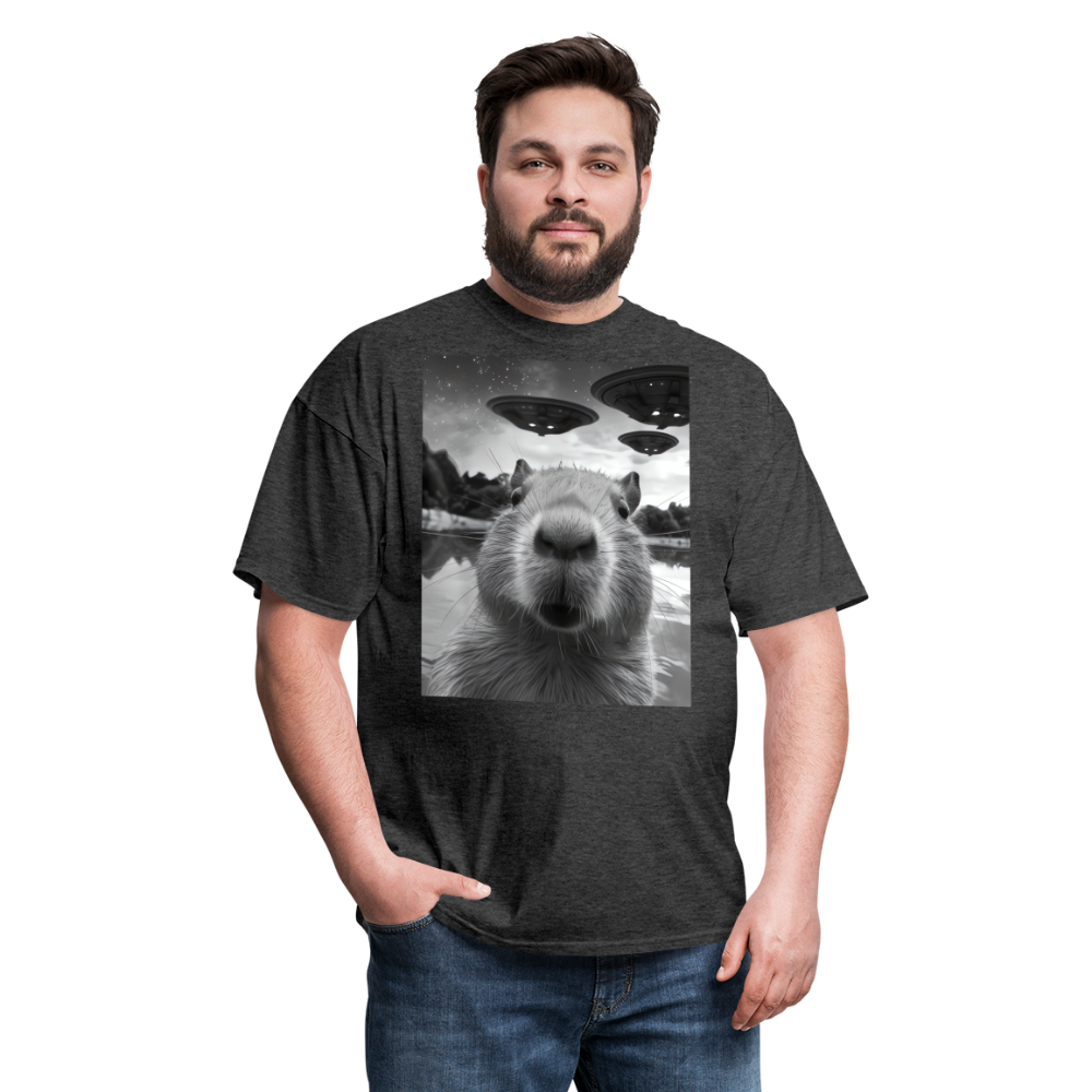 Capybara Selfie with UFOs Funny Graphic Tee Weird Unisex Classic T-Shirt - heather black