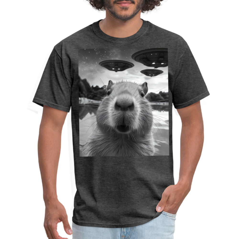 Capybara Selfie with UFOs Funny Graphic Tee Weird Unisex Classic T-Shirt - heather black
