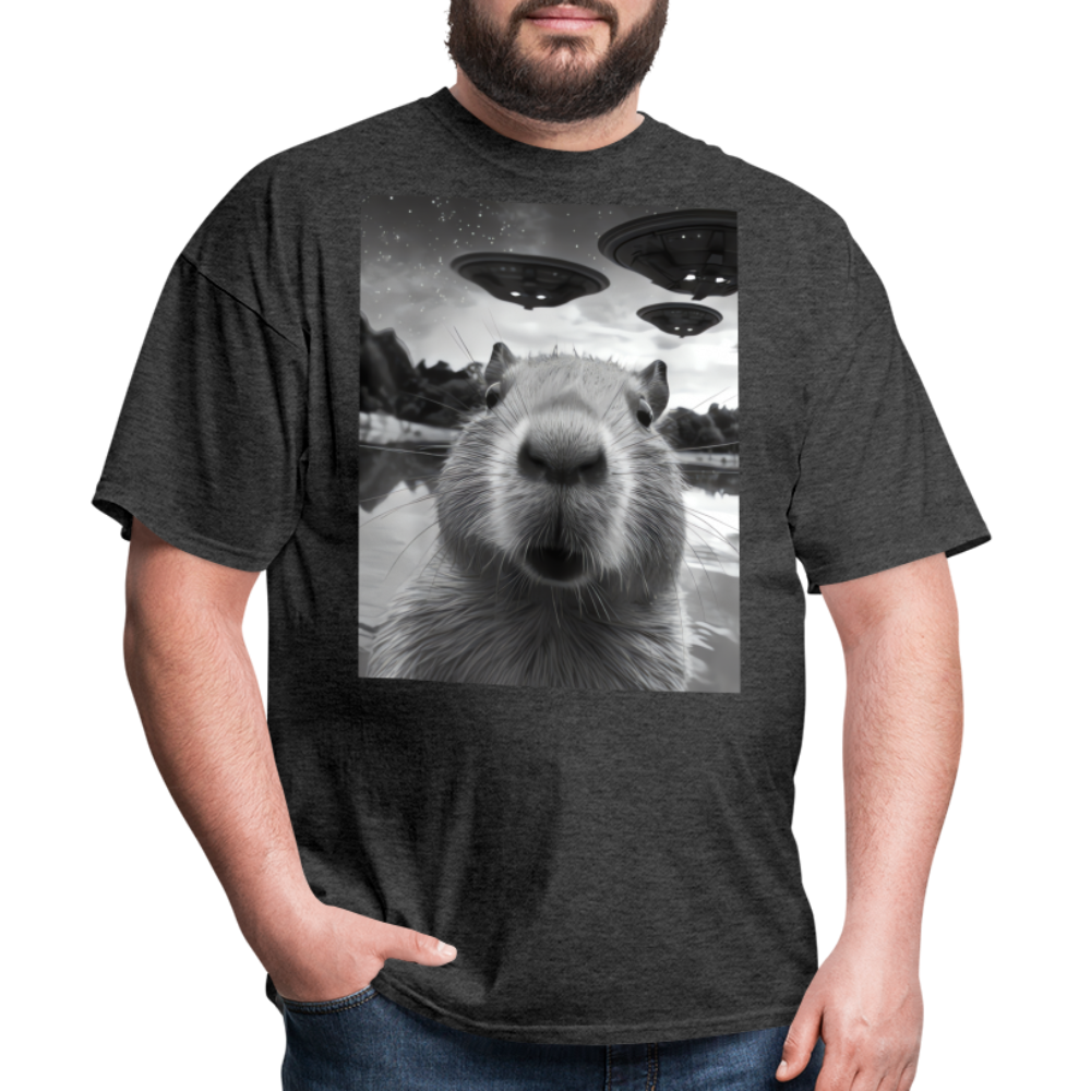 Capybara Selfie with UFOs Funny Graphic Tee Weird Unisex Classic T-Shirt - heather black