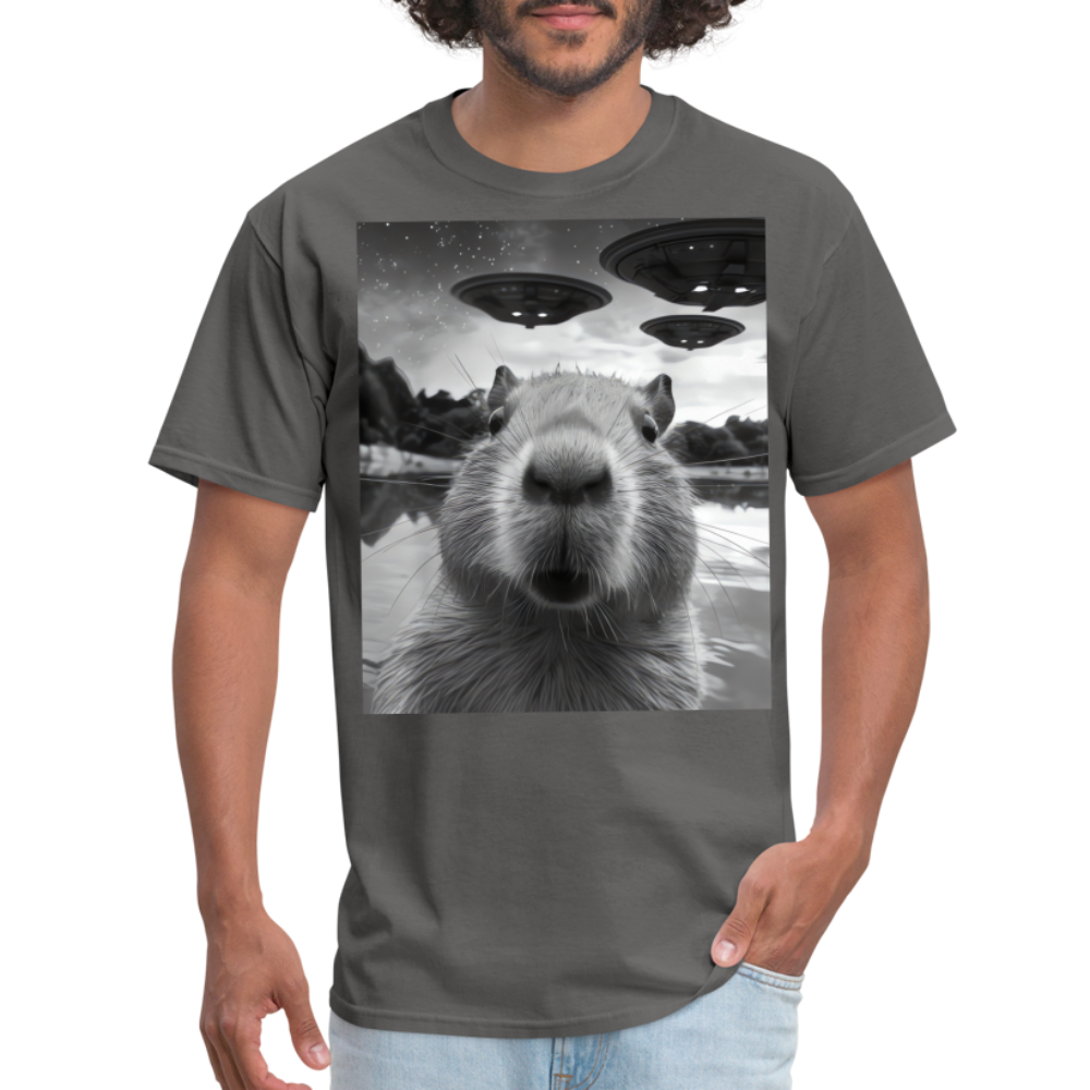Capybara Selfie with UFOs Funny Graphic Tee Weird Unisex Classic T-Shirt - charcoal