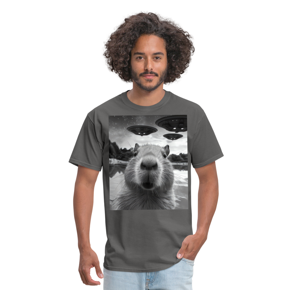 Capybara Selfie with UFOs Funny Graphic Tee Weird Unisex Classic T-Shirt - charcoal