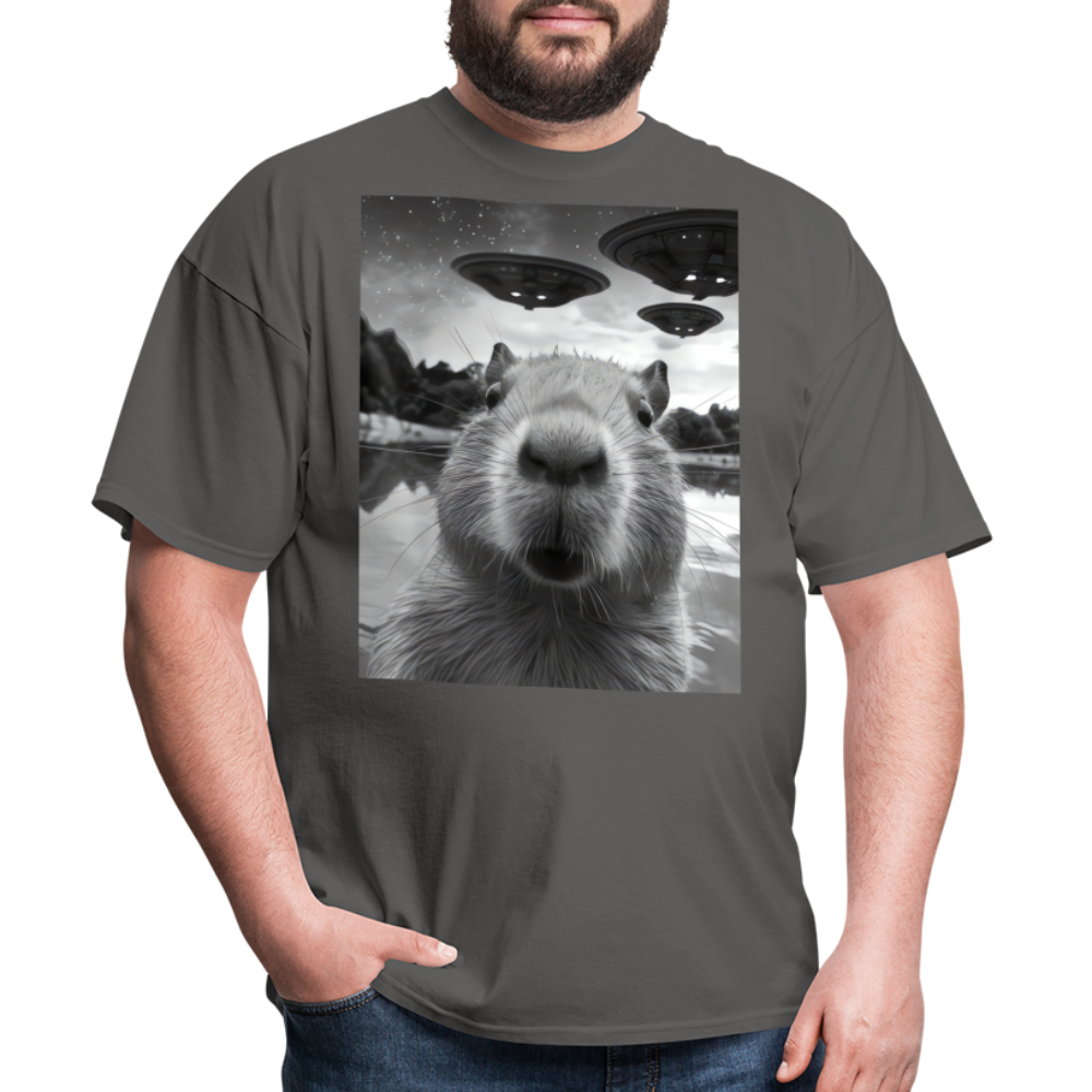 Capybara Selfie with UFOs Funny Graphic Tee Weird Unisex Classic T-Shirt - charcoal