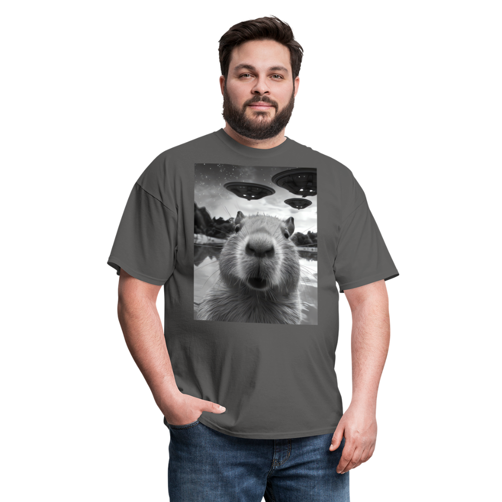 Capybara Selfie with UFOs Funny Graphic Tee Weird Unisex Classic T-Shirt - charcoal