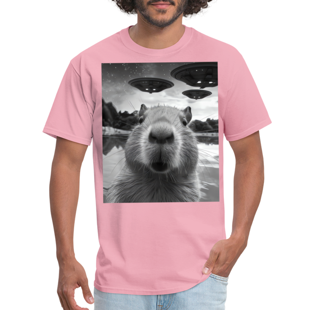 Capybara Selfie with UFOs Funny Graphic Tee Weird Unisex Classic T-Shirt - pink