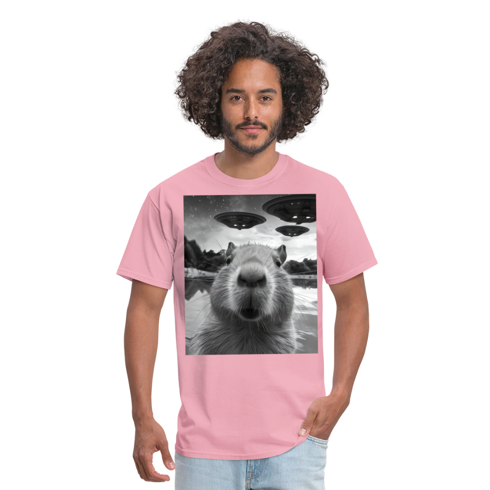 Capybara Selfie with UFOs Funny Graphic Tee Weird Unisex Classic T-Shirt - pink