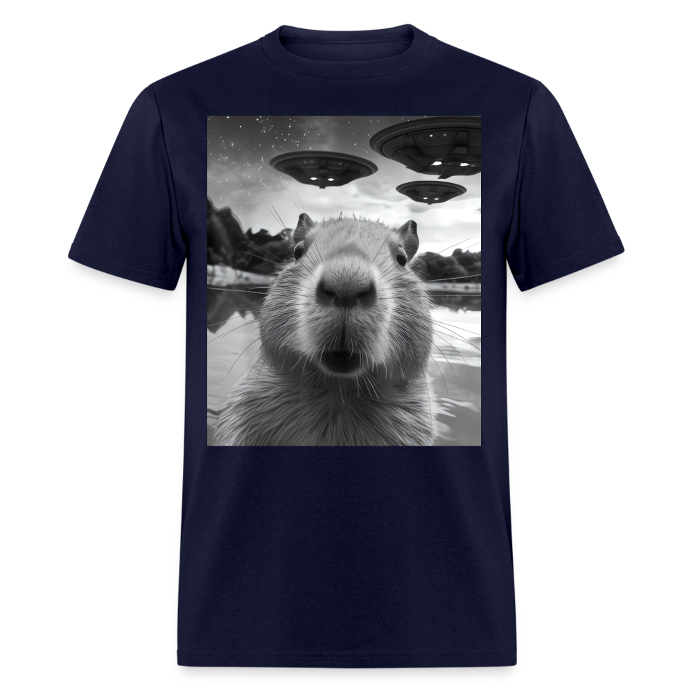 Capybara Selfie with UFOs Funny Graphic Tee Weird Unisex Classic T-Shirt - navy