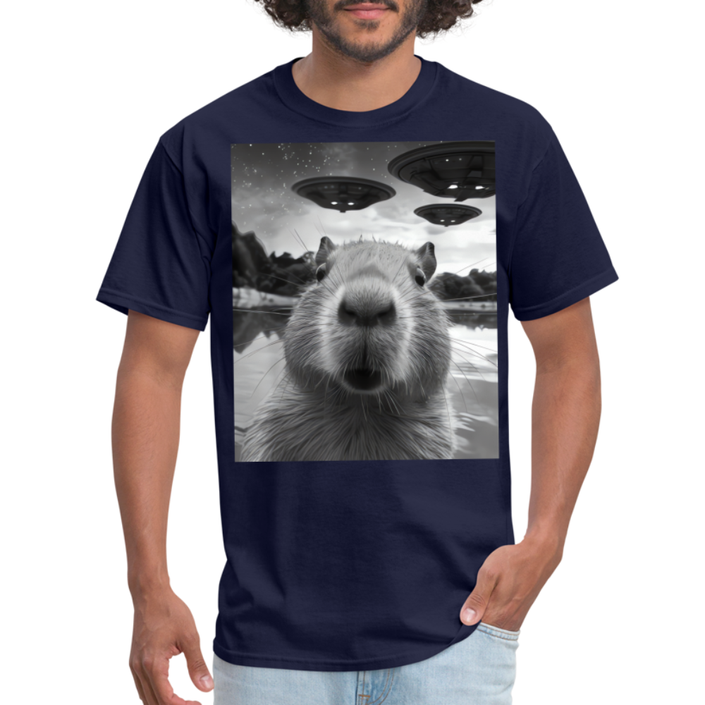 Capybara Selfie with UFOs Funny Graphic Tee Weird Unisex Classic T-Shirt - navy
