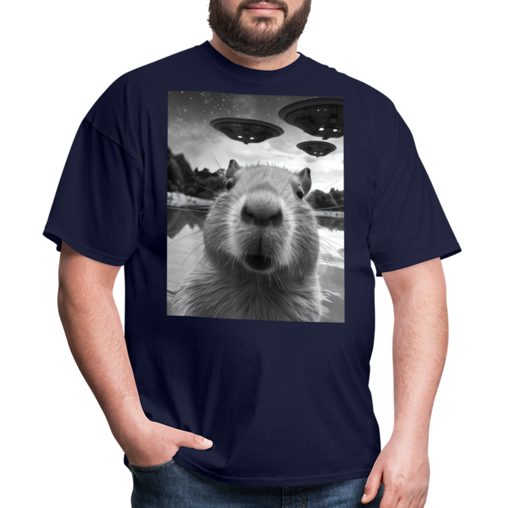 Capybara Selfie with UFOs Funny Graphic Tee Weird Unisex Classic T-Shirt - navy