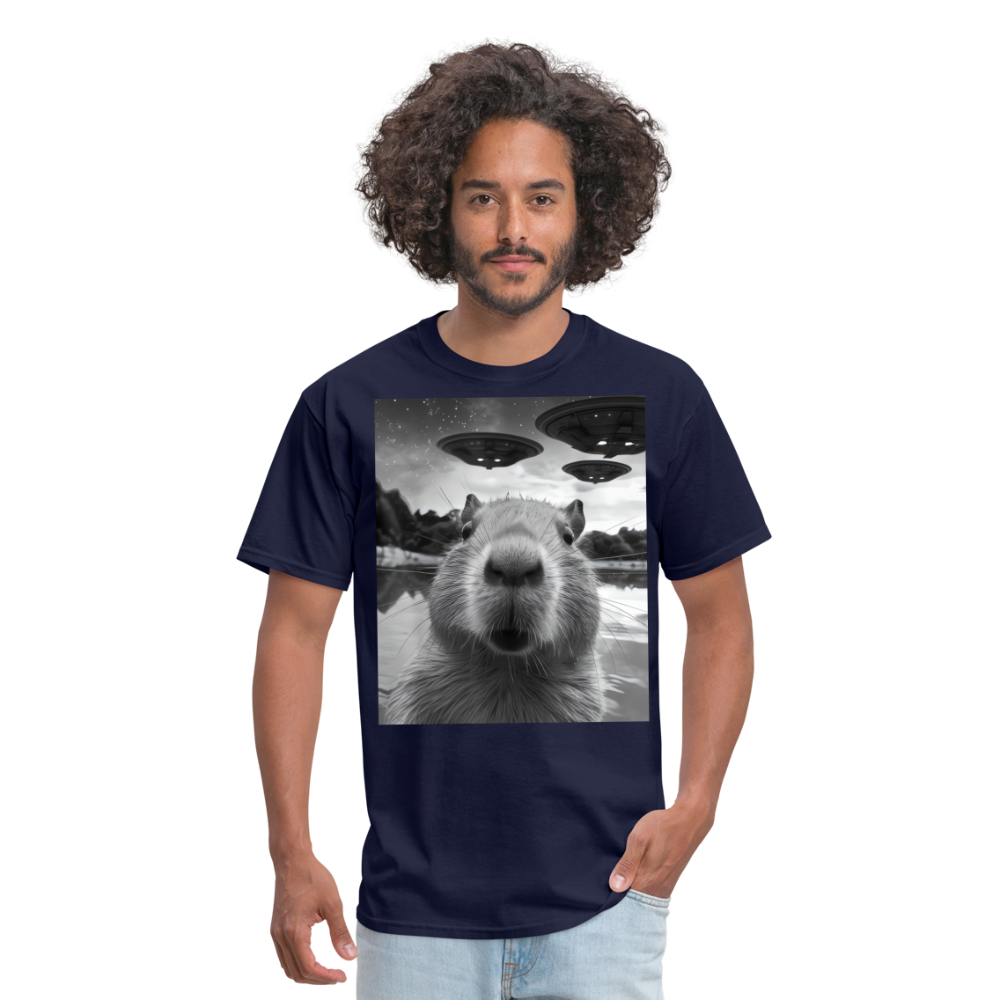 Capybara Selfie with UFOs Funny Graphic Tee Weird Unisex Classic T-Shirt - navy