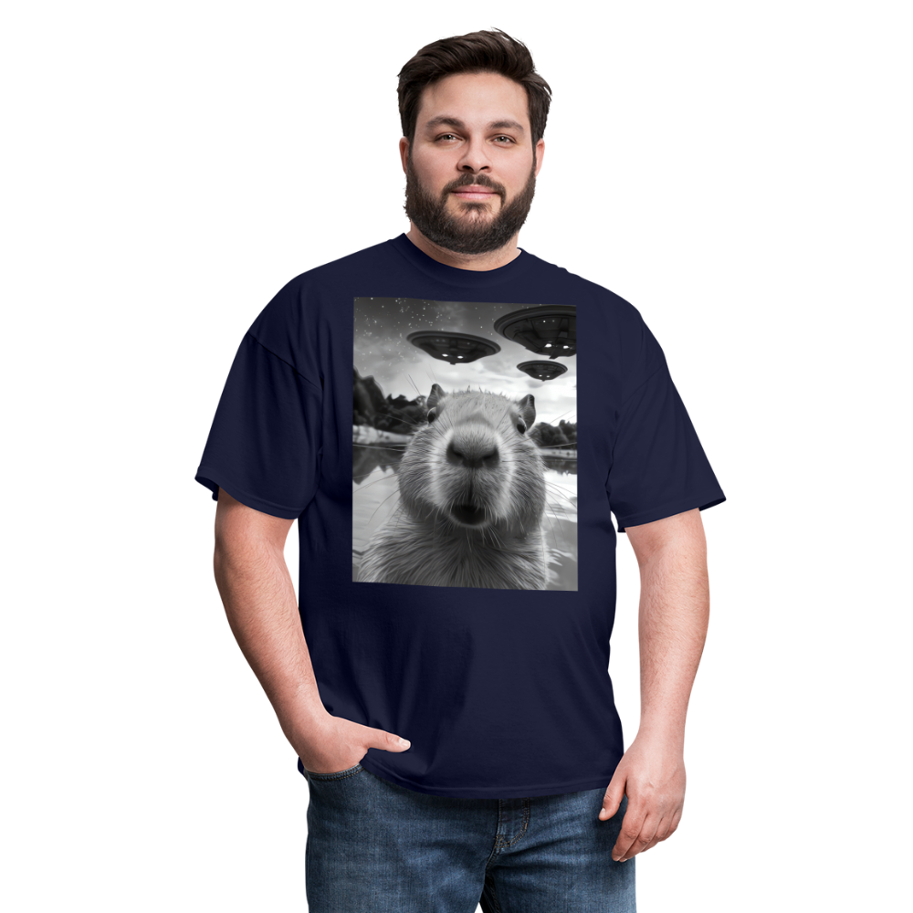 Capybara Selfie with UFOs Funny Graphic Tee Weird Unisex Classic T-Shirt - navy