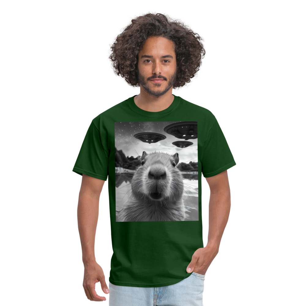 Capybara Selfie with UFOs Funny Graphic Tee Weird Unisex Classic T-Shirt - forest green