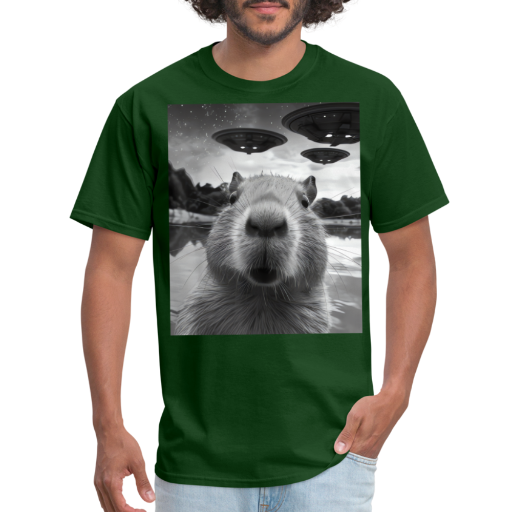 Capybara Selfie with UFOs Funny Graphic Tee Weird Unisex Classic T-Shirt - forest green