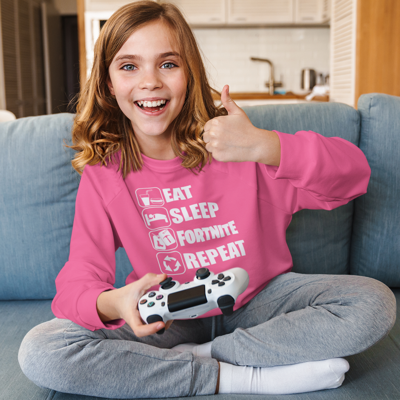 Eat Sleep White Design Kids' Crewneck Video Game Sweatshirt