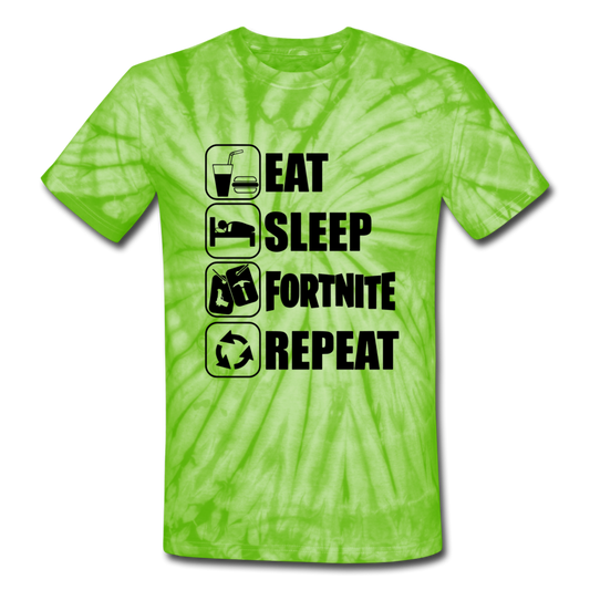 Eat Sleep Unisex Tie Dye Black Design Fortnite Video Game T-Shirt - spider lime green