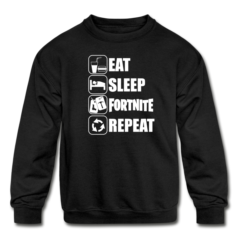 Eat Sleep White Design Fortnite Kid's Crewneck Video Game Sweatshirt - black