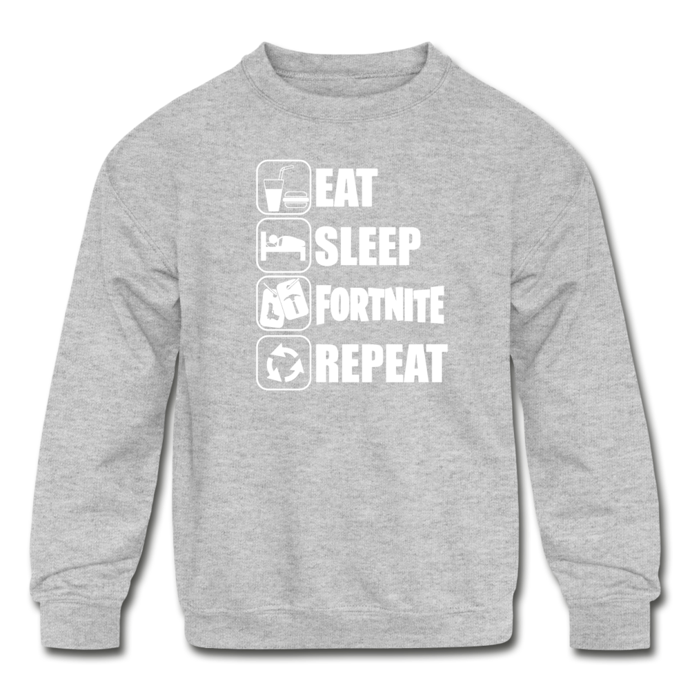 Eat Sleep White Design Fortnite Kid's Crewneck Video Game Sweatshirt - heather gray