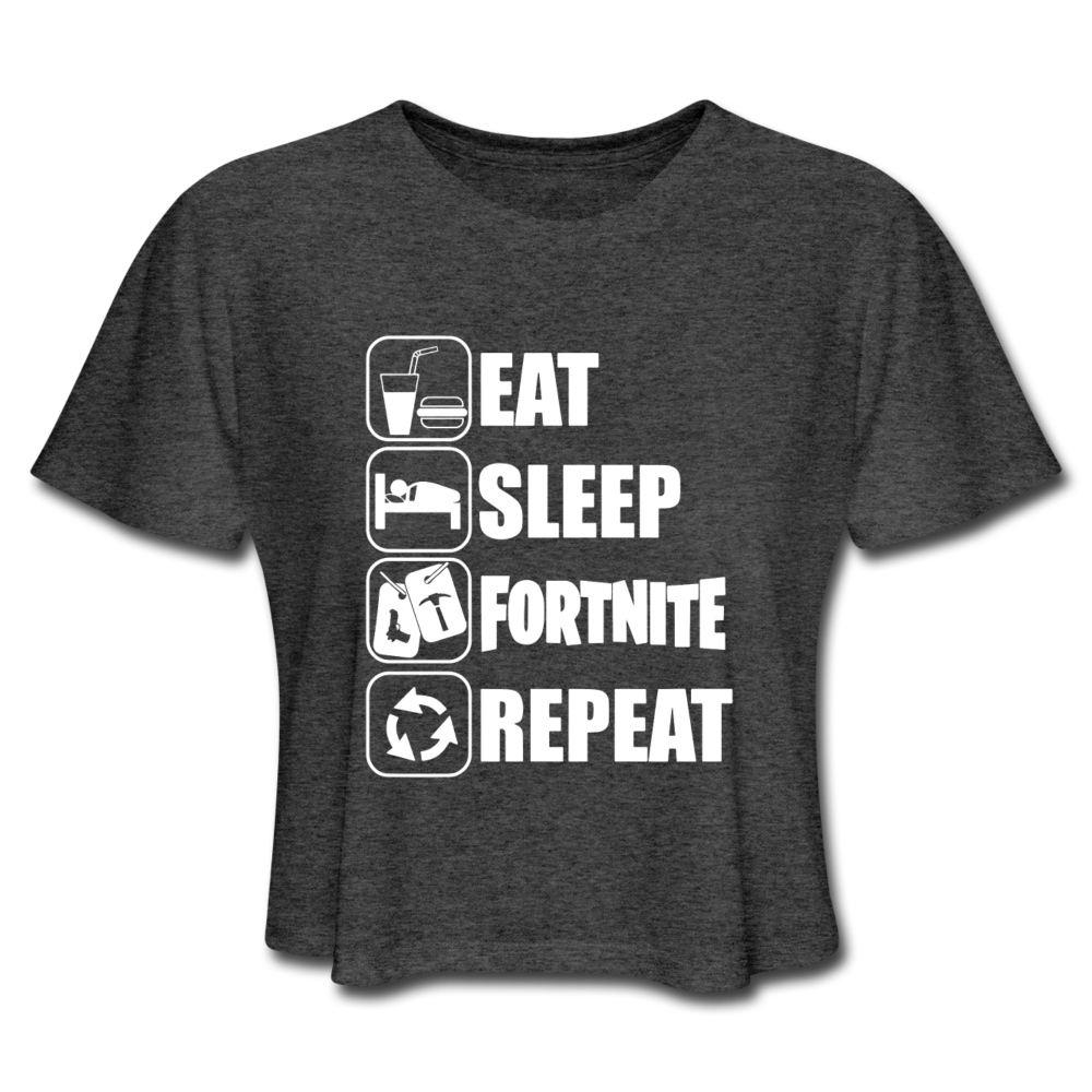 Eat Sleep White Design Fortnite Women's Cropped Video Game T-Shirt - deep heather