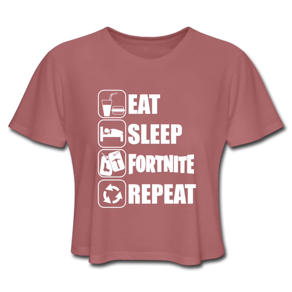 Eat Sleep White Design Fortnite Women's Cropped Video Game T-Shirt - mauve